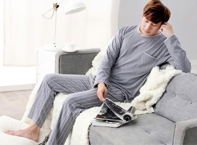 Sexemara mærke afslappet mænd soveklud 100%  bomulds lange ærmer solid pyjamas o-hals