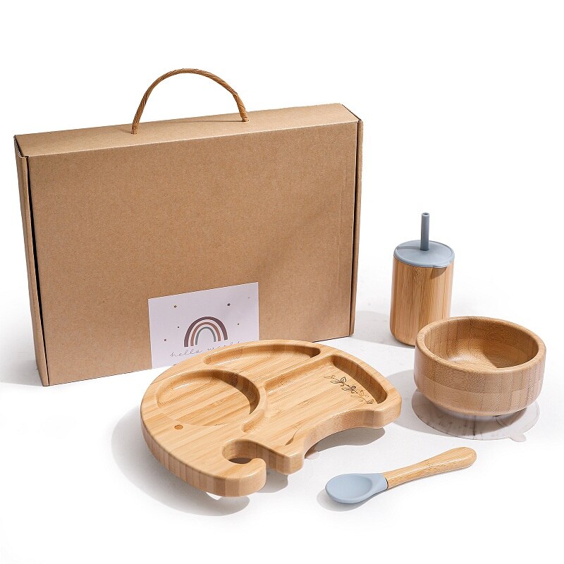 Vaisselle en bois de bambou, accessoires d&#39;alimentation pour bébé, assiette à dîner animaux de dessin animé éléphant avec ventouse, d&#39;anniversaire pour bébé 1 ensemble: blue with box