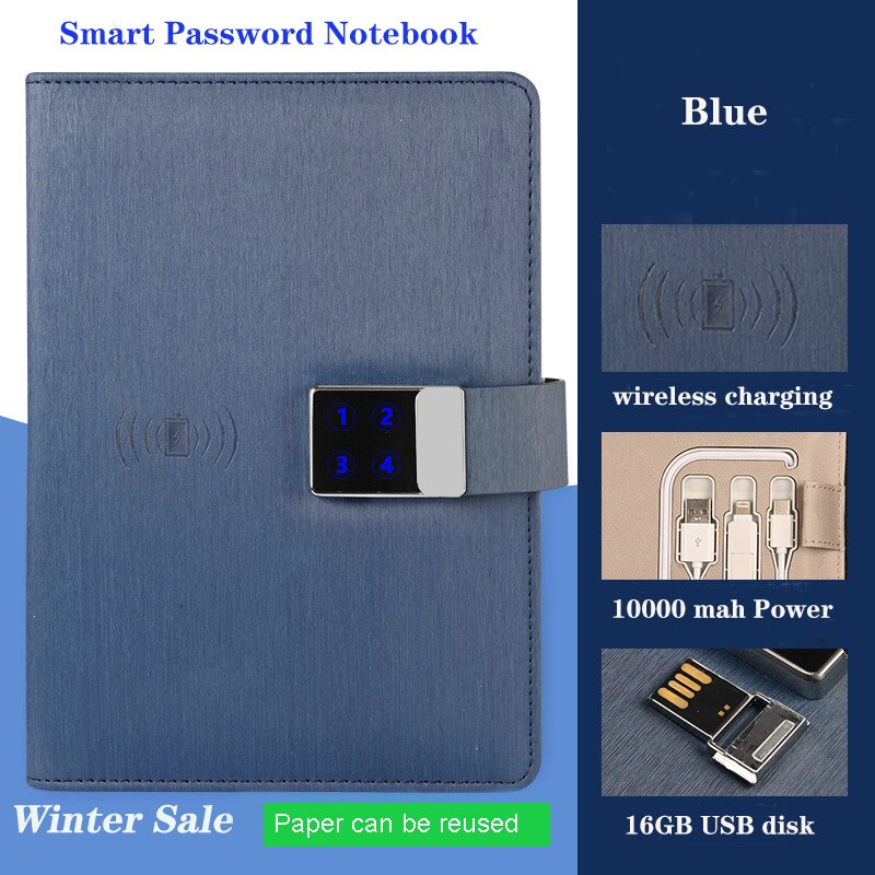smart notebook password lock notepad wireless charging tape U disk charging intelligent digital touch password lock notebook: Blue