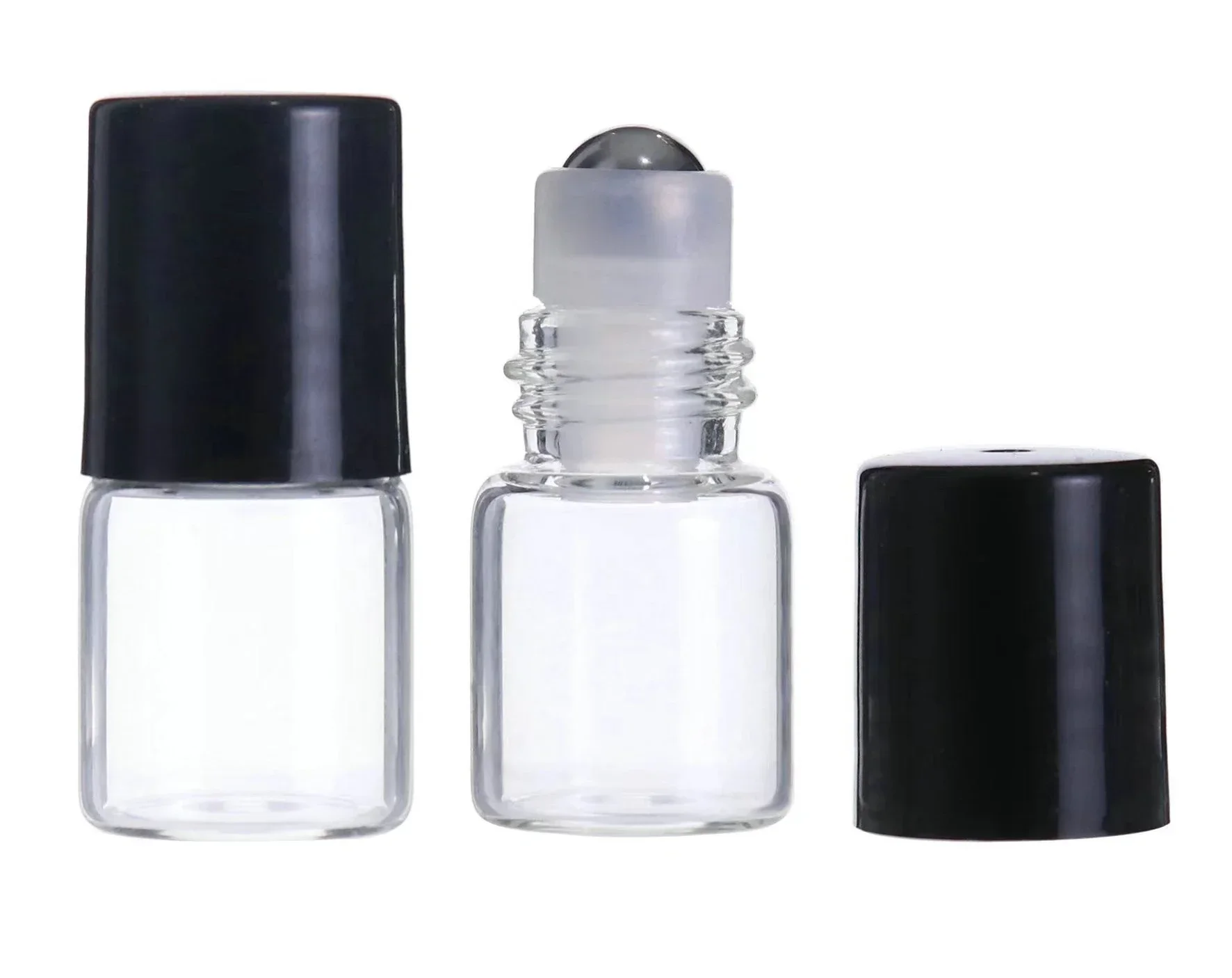 50 sztuk 1ML/2ML/3ML/5ML przezroczysta butelka szklana rolka butelka z kulką na olejku eterycznym czarne puste fiolki podróżna butelka perfum