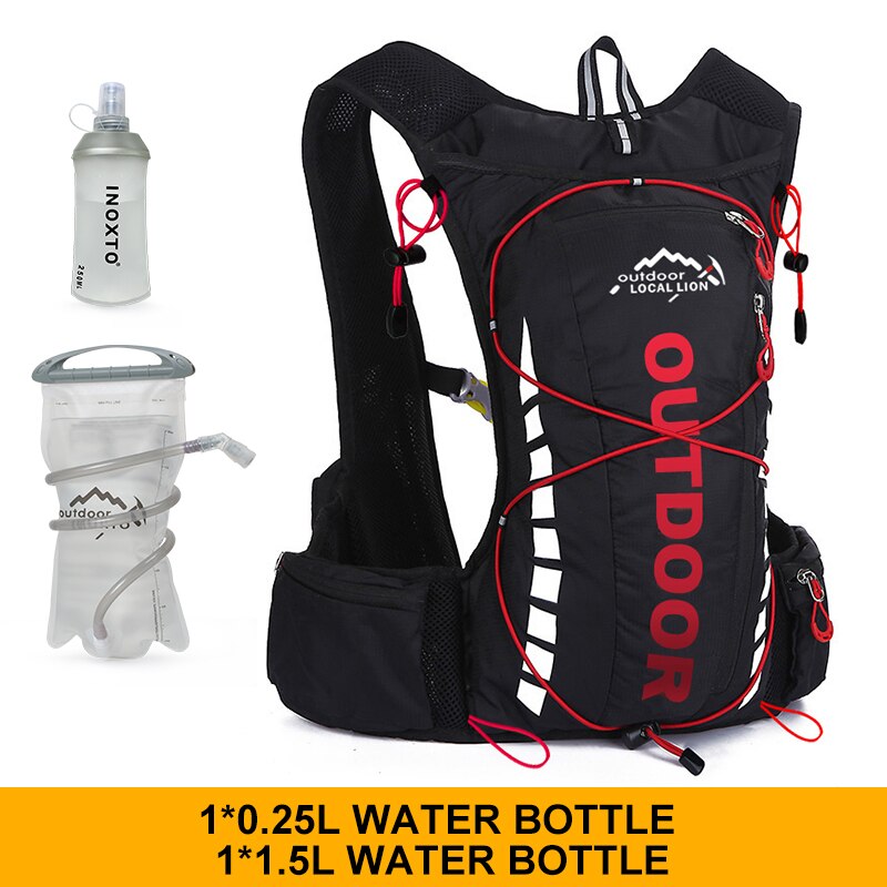 Cycling backpack for men and women, nylon bag, waterproof 8 liters, hiking and camping, 250ml water bottle with 1.5L water bag: black red1.5L250