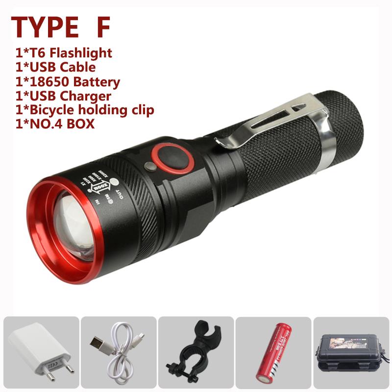 6000 Lumens Flashlight USB Rechargeable T6 LED Flashlight Torch Lamp Lantern 18650 Waterproof Bike LED Holding Clip Flash Light: Type F