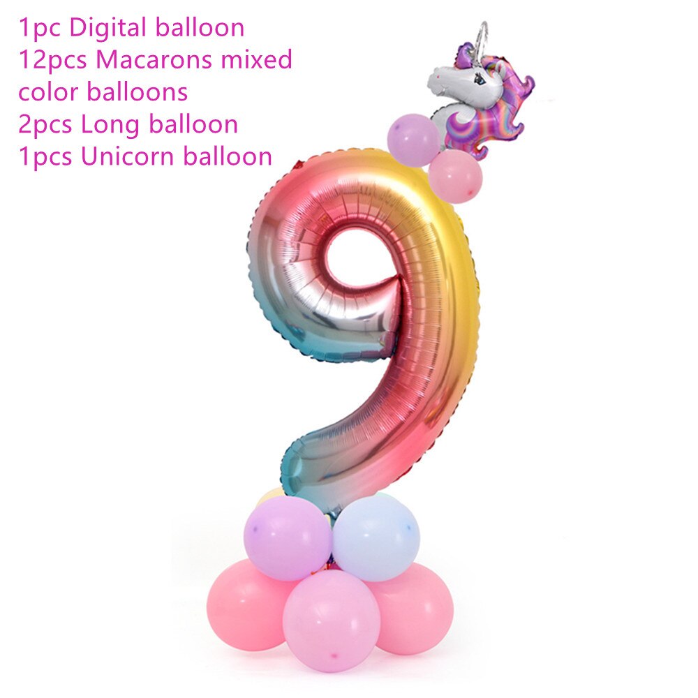 18 Pcs Eenhoorn Ballon Set Verjaardagsfeestje Ballonnen Regenboog 32 Inch Nummer 0-9 Kids Volwassenen Verjaardag Wedding Party ballon Decoratie: number 9