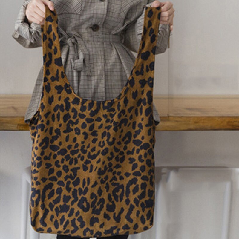 Corduroy leopard print taske damer skulder afslappet tote indkøbspose stor kapacitet håndtasker totes kvinder