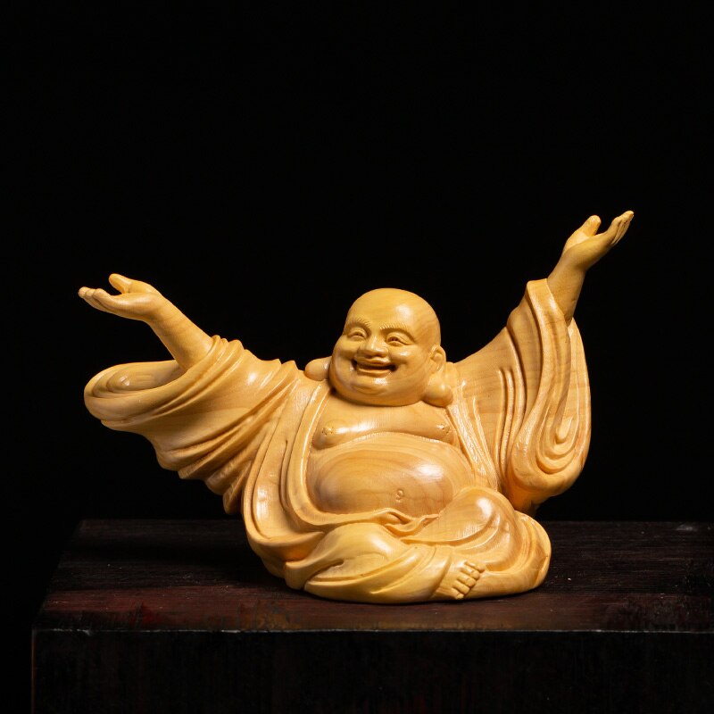Kinesisk glede ler buddha skulptur statue håndskåret massivt tre buddha statue hjem dekorasjon figurer