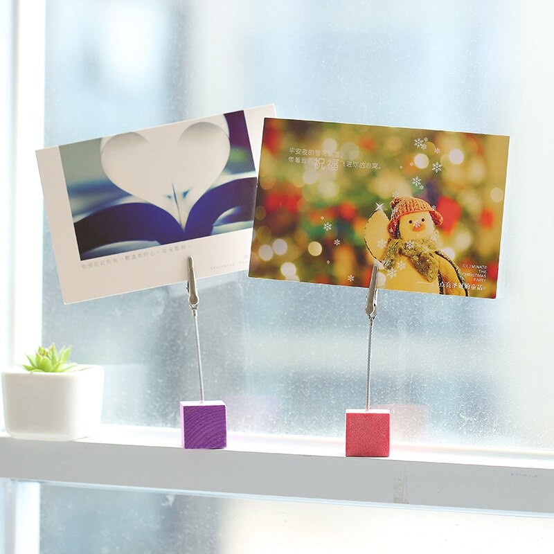 1pc coloré en bois Cube mémo pince métal Photo porte-carte bureau Photo pinces support Message porte-carte bureau décor organisateur