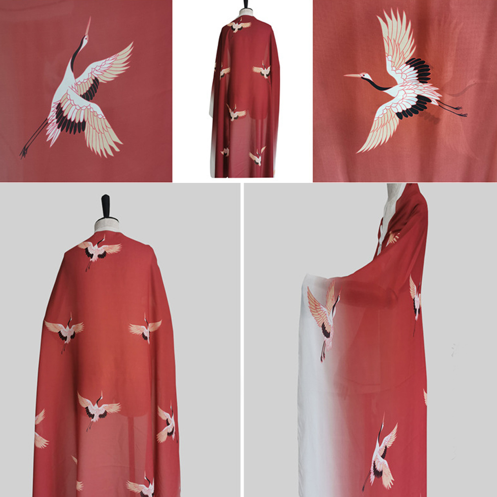 Ombre chiffon stof med gradient japansk rød-krone kran mønster til kimono yukata badekåbe kjole gardin tøj håndværk