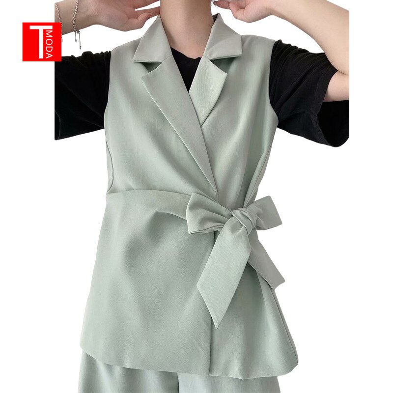 TMODA404-chaqueta verde sin mangas para mujer, ropa de oficina, abrigo Vintage con cuello con muescas, Tops elegantes, 2022