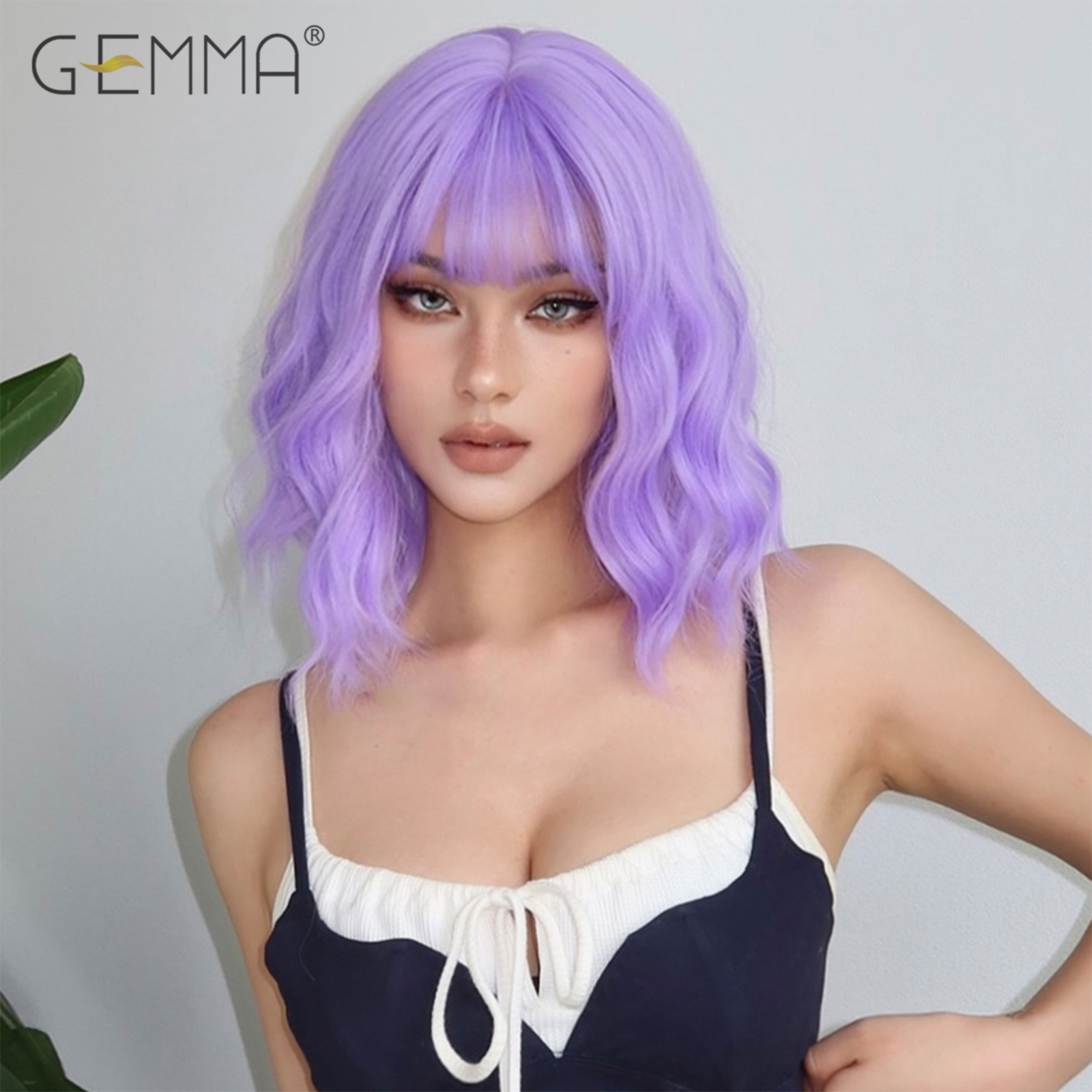 Ombro longo luz roxo peruca encaracolado sintético com franja para mulheres curto ondulado cosplay festa perucas de cabelo natural resistente ao calor