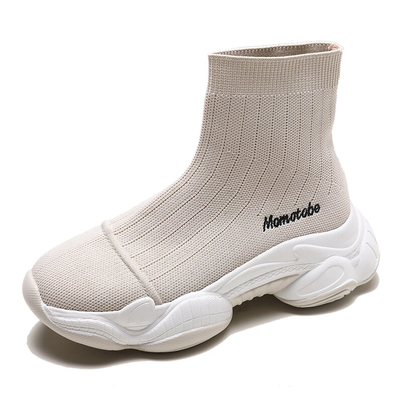 Dames platform schoenen hoge sokken sneakers instappers dames casual dikke zool schoenen effen kleur damesschoenen: Beige wit / 40