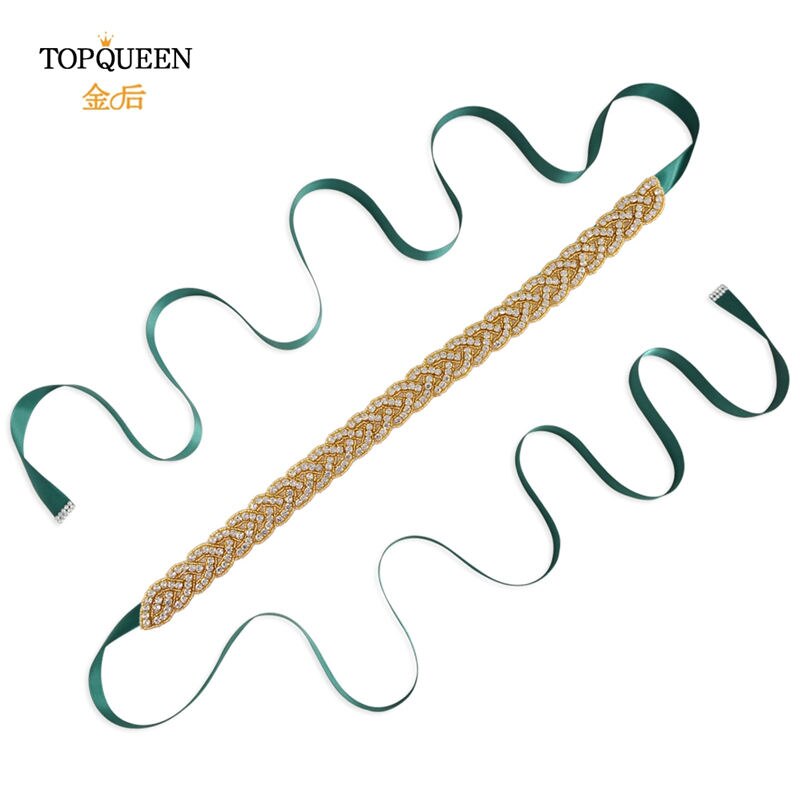 Topqueen  s216- g guld midjebälte fancy strass skärp guldpärlor brudbälte guld bälte för kvinnor bälten bröllop skärp bröllop: Grön