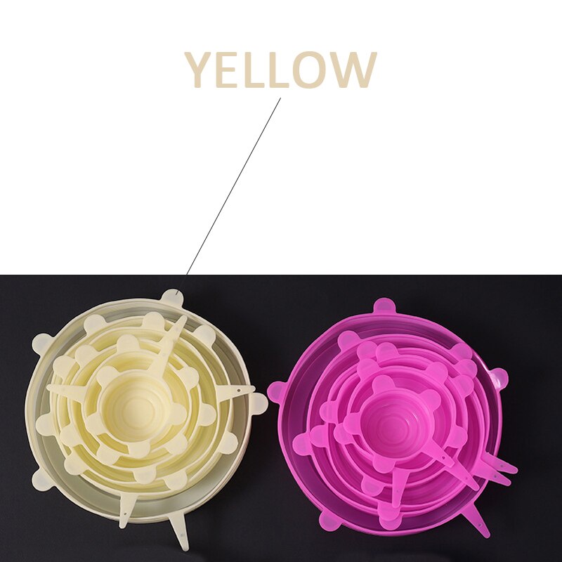 6 stuks/set siliconen rekdeksels universele deksel siliconen kom pot deksel siliconen deksel pan koken voedsel vers deksel magnetron deksel: 6 stuks geel