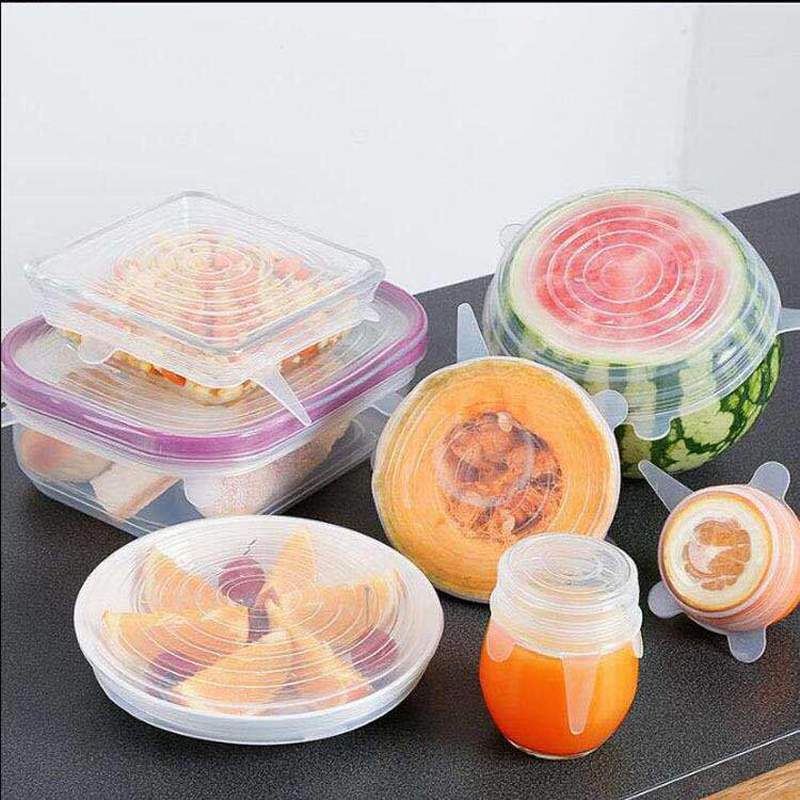 6pcs Fruit Food Saran Wrap Stretch Vacuum Silicon Cover Kitchen Storage Reusable Organization Keep Fresh Seal Lid Bowl Container