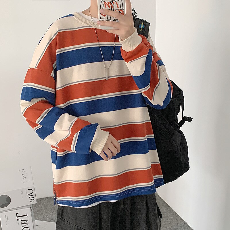 Fleece Striped Sweatshirt Men Oversized Korean Sty. Grandado