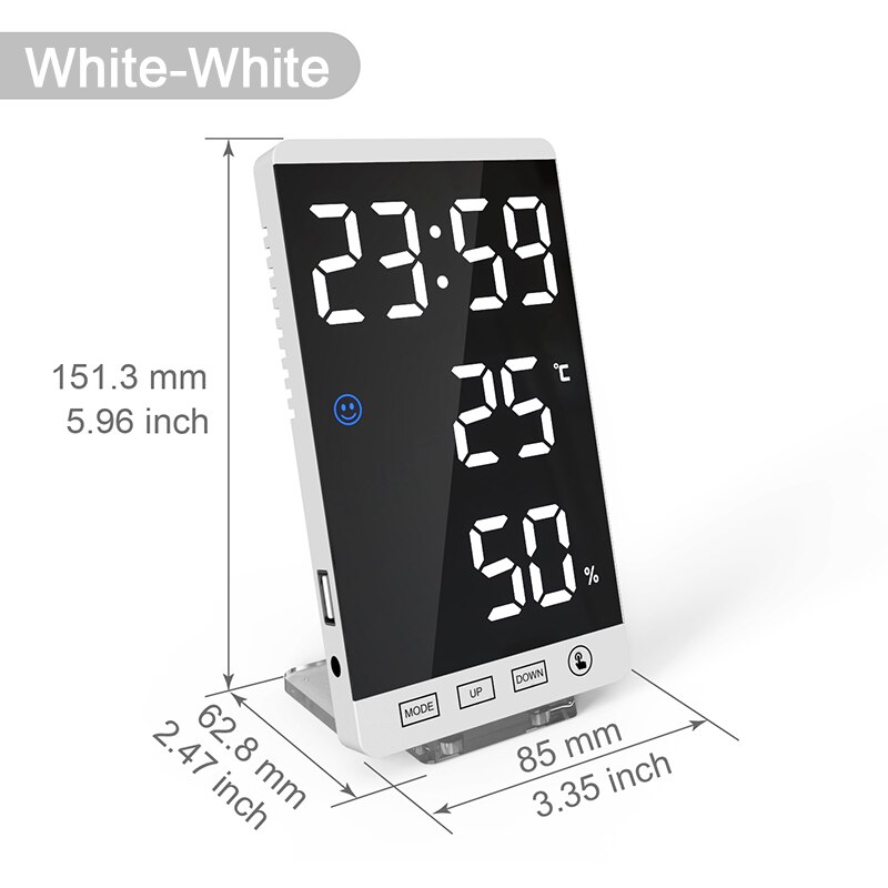 Reloj despertador Digital, estación meteorológica con termómetro, higrómetro de humedad, pantalla de espejo para mesita de noche: White