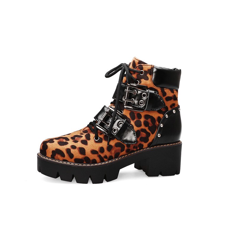 Morazora klassiska dam ankelboots spänne nit leopard fyrkantiga klackar plattformsstövlar höst vinter punk skor kvinna: Leopard / 11
