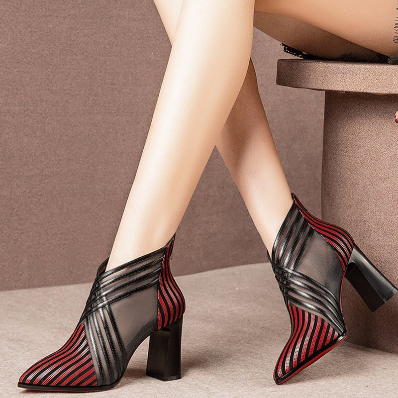 Femmes talon bottines femme rouge bottes pour femmes Zip chaussures maille femme talons hauts bout pointu chaussures