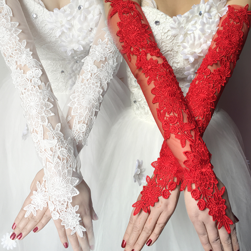 Lange Ivoor Rood Kanten Handschoenen Voor Bridal Bloem Met Parels Vrouwen Bruiloft Handschoenen Gants Mariage