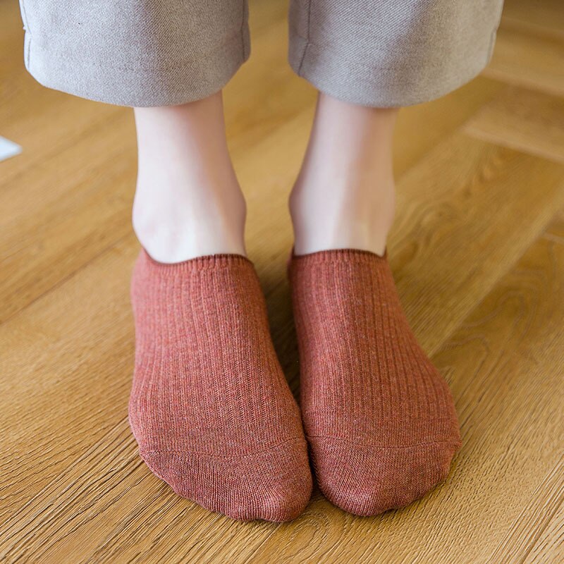 Spring Summer Solid Color Women Invisible Socks Cotton Double Needle Bar No Show Woman Socks Non-slip Kawaii Calcetines B003