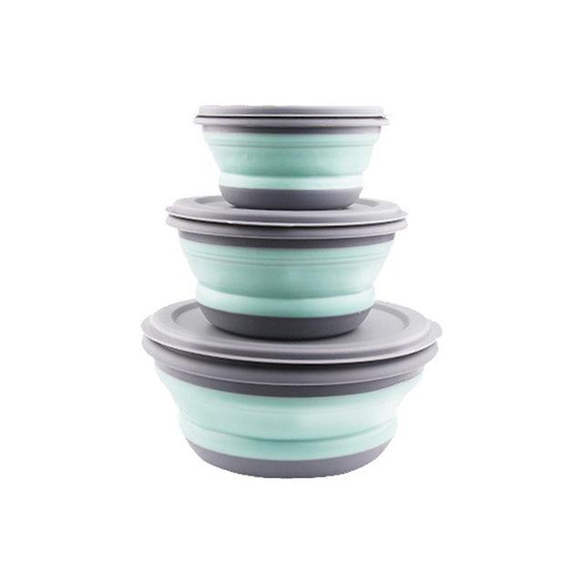 3 Pcs Kom Sets Draagbare Siliconen Vouwen Kom Vouwen Lunchbox Salade Schotel Met Deksel Instant Noodle Emmer Voor Picknick school: Blue