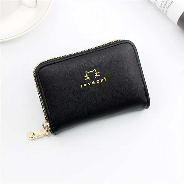 PURDORED 1 Pc Cat Card Holder PU Leather Small Zipper Mini Card Wallet Women Coin Purse Female Business Card Holder Billetera: black