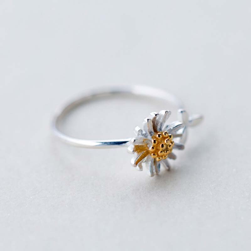 Leuke Kleine Daisy Ringen Voor Vrouwen Zilveren Kleur Bloem Met Blad Vormige Open Ring Verstelbare Size Sieraden Accessoires