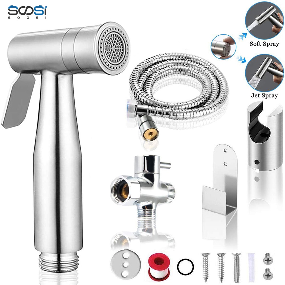 Bidet Sprayer Set Toilet Handheld Two Function Bidet Shower Faucet Bathroom Stainless Steel Hand Tank Hooked Holder Easy Install