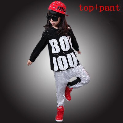 Child hip hop jazz modern dance Paillette clothing hip hop kids Sequined t shirt performance wear child costume: Silver / S