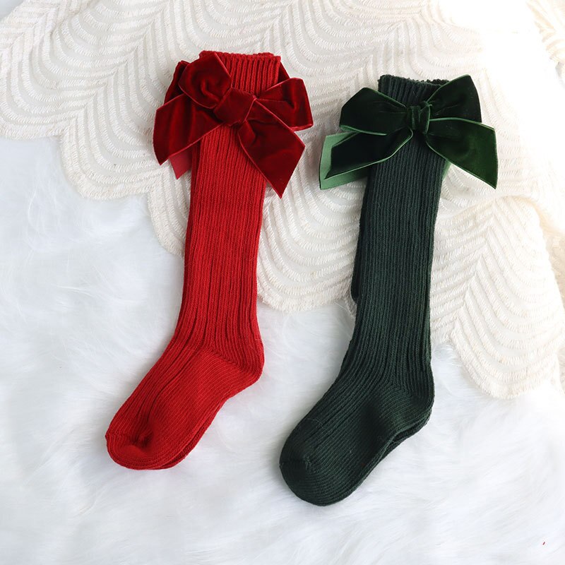 Calzini natalizi per bambina calzini per bambini in cotone con fiocco grande calzino alto scaldamuscoli in lana solida calzini lunghi morbidi per bambini