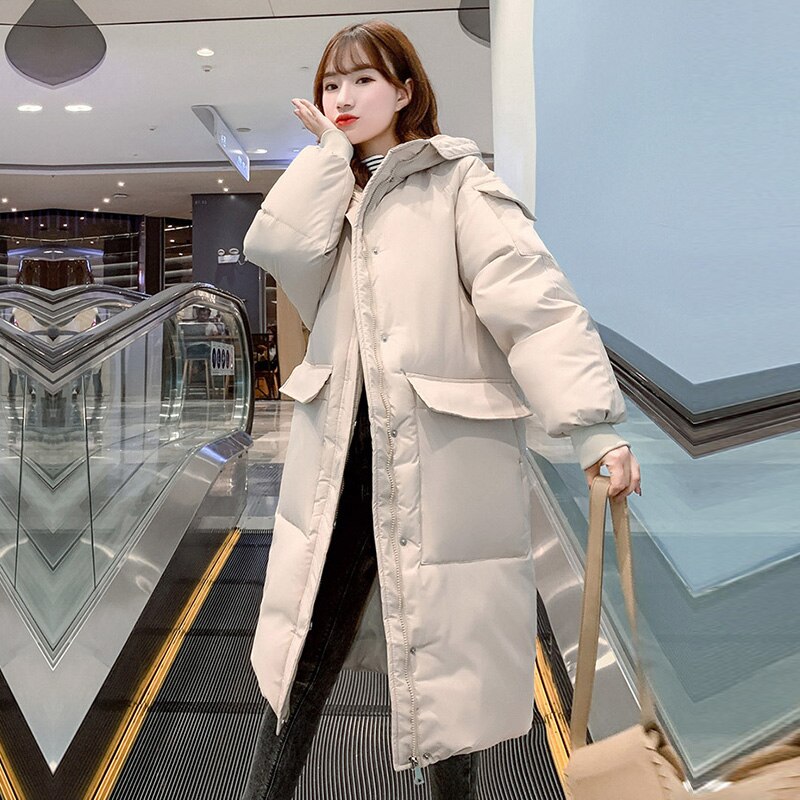 Solid Lange Dikke Winterjas Vrouwen Warm Losse Hooded Omlaag Parka Volledige Mouw Met Grote Pocket Dames Oversize Jassen: Beige / XXL