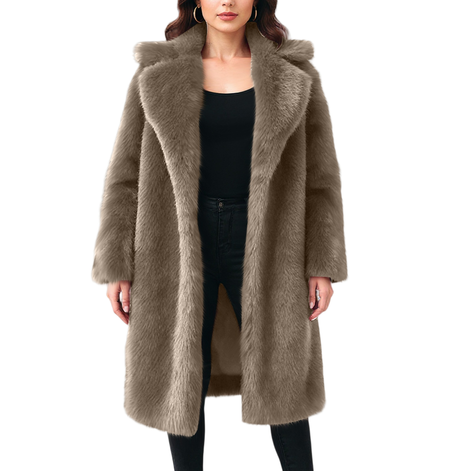 Women Fashionable Thermal Coat Simple Solid Color Long Sleeve Lapel Thicken Coat Female Winter Temperament Overcoat: XL / Brown