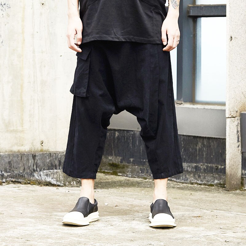 Homme Streetwear Hip Hop Punk gothique Kimono pantalon hommes été coton lin lâche décontracté noir bas entrejambe Harem Cross pantalon