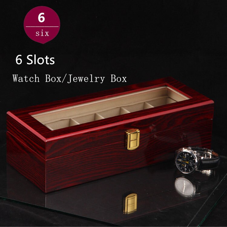 (Speciale Prijs) 6 Slots Houten Horloge Organizer Licht Rood MDF Hout Horloge Dozen Case Sieraden Display Case Houder