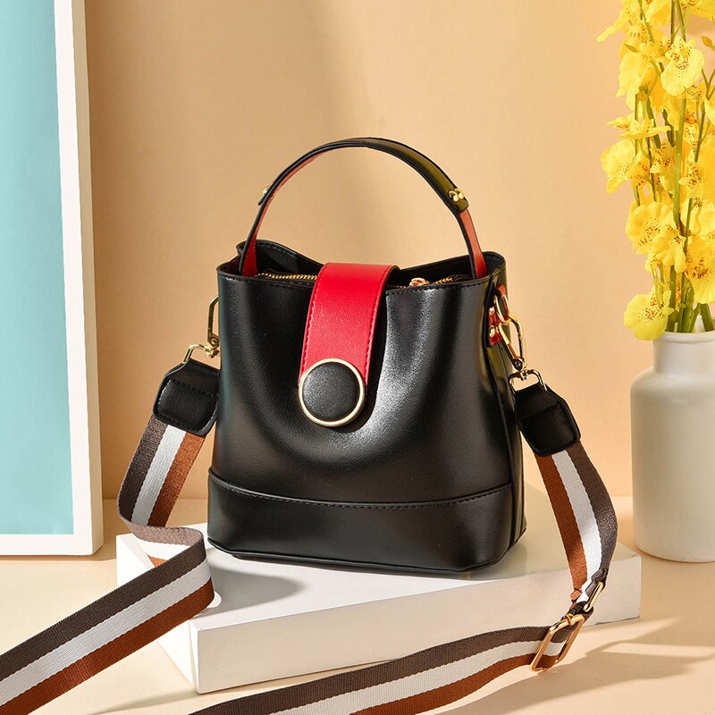 neue Frauen Tasche mit Bunten Strap Eimer Tasche Frauen PU Leder Schulter Taschen Damen Crossbody Messenger Taschen: Black