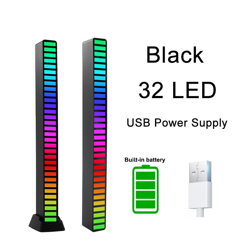 Lumières LED colorées de contrôle du son, rvb, contrôle par application, lumière de ramassage de rythme de musique, DJ Disco, voiture, TV, ordinateur de bureau, décoration: Black with battery