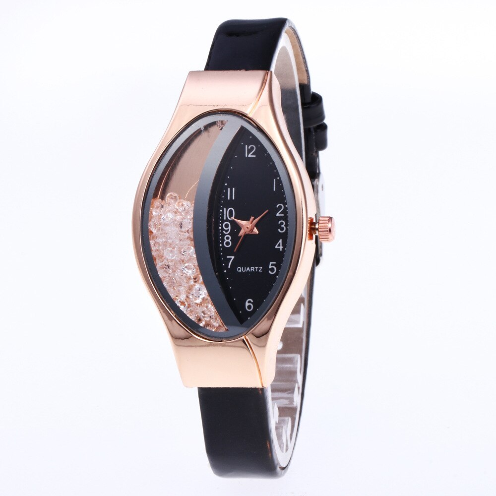 Unique Ladies Quartz Movement Watch Oval Half Moon Dial Half-side Rhinestone Ball Quicksand for Woman Leather Strap