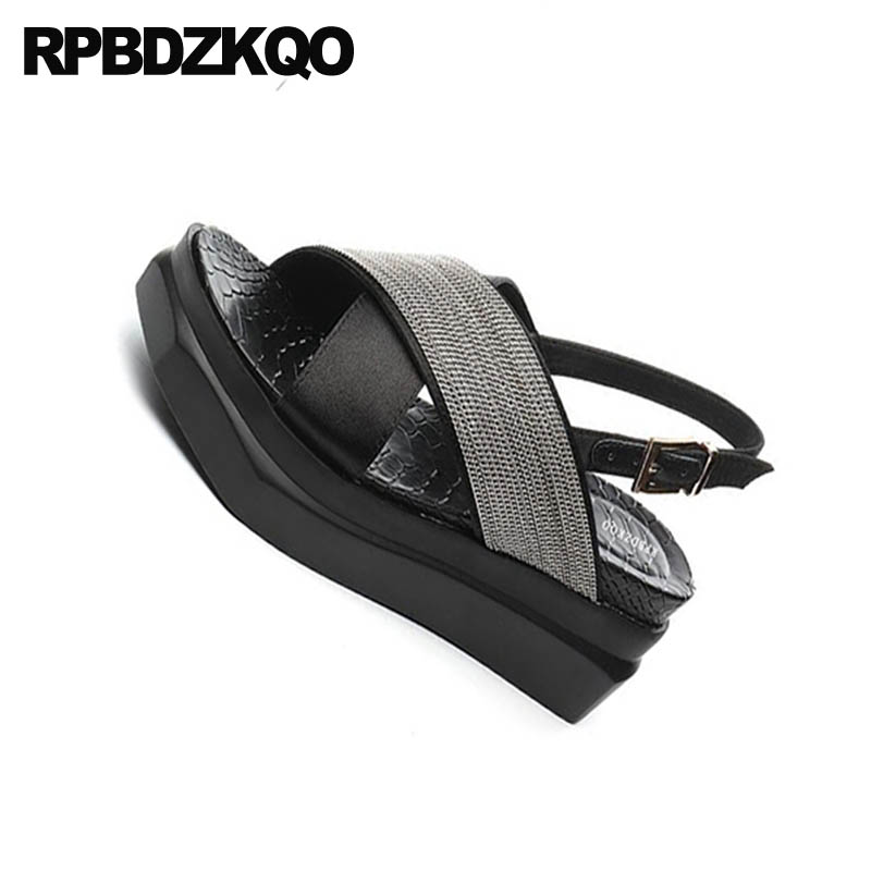 Women Wedge Platform Sandals Flatform Strap Black Summer High Heels Slingback Pumps Glitter Open Toe Korean Shoes Ladies