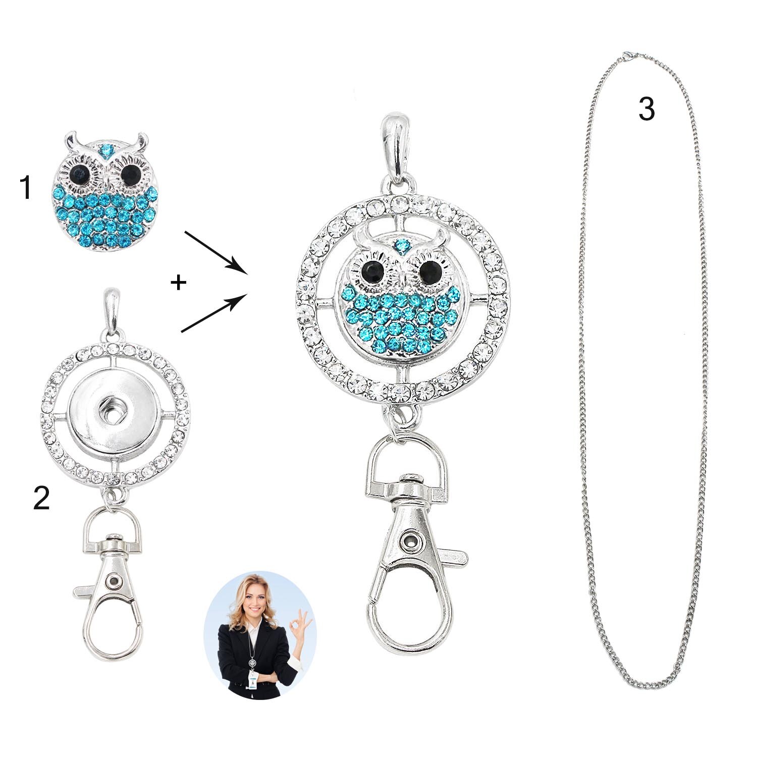 Idclip Schlüsselband Halfter Ich würde Abzeichen Eule schnappen Schmuck Rosa Reize Anhänger Clip Bling Halskette Frauen Büro zubehör: LA17