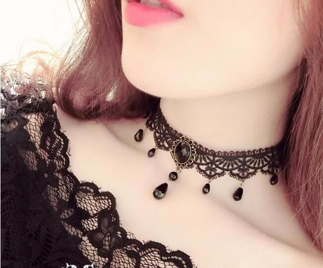 gothique victorien cristal gland tatouage collier ras du cou noir dentelle collier ras du cou Vintage femmes bijoux de mariage