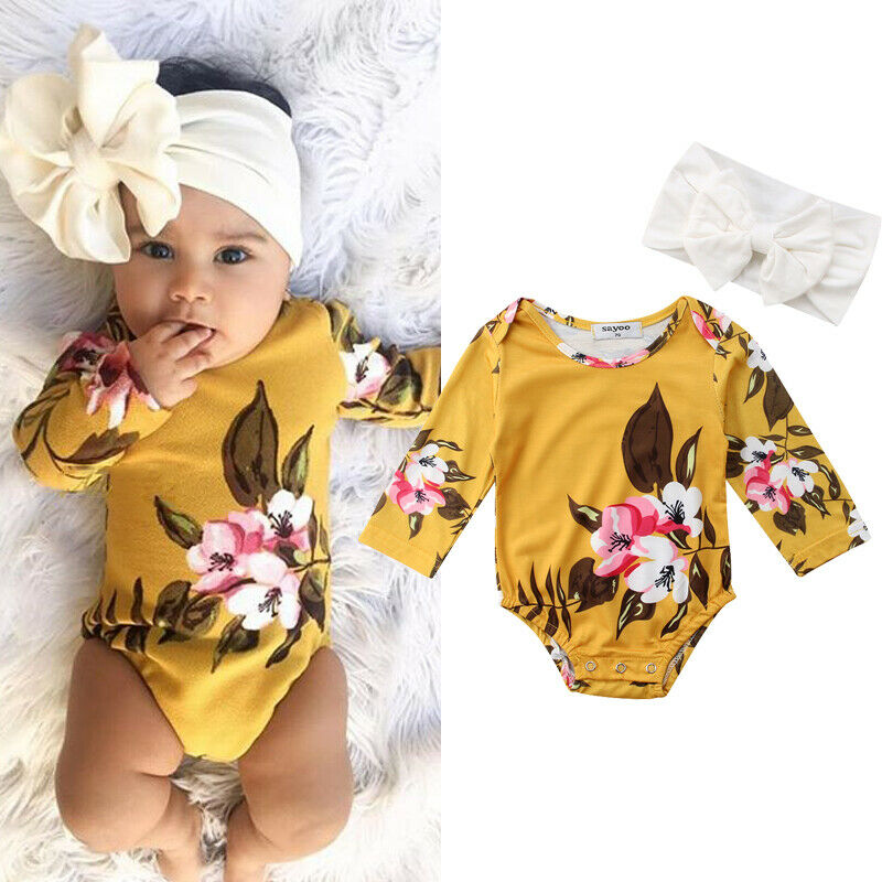 Neugeborenen Kleinkind Baby Mädchen Langarm Blumen- Bodys + Stirnband lässig Outfits 0-18 M