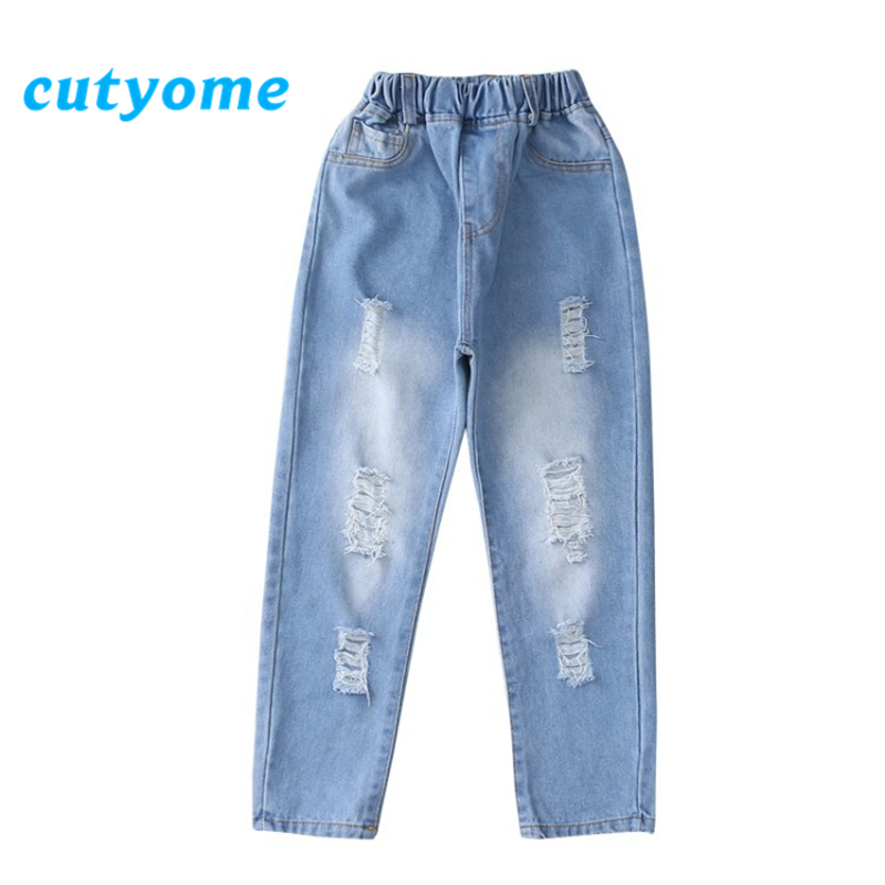 Jean déchiré bleu clair pour filles, pantalon en Denim ample, taille élastique, pour adolescentes de 3 à 16 ans, été