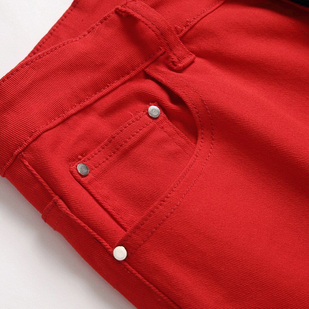 Jean en Denim pour hommes, rouge, noir, Patchwork, épissé, , Slim, droit, extensible, pantalon de couleur contrastée