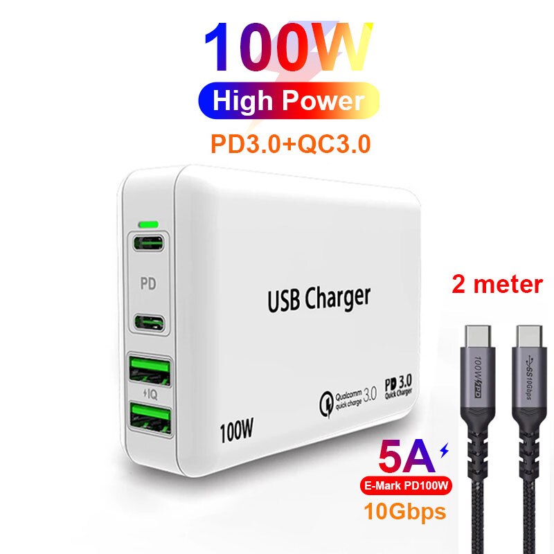 100W 4port Power Adapter PD100W/65W/45W/18W QC4.0/PPS Charger 5A E-MARK USB-C Cable For USB C Laptops MacBook Pro iPhone12/11: 2-PD and Cable / AU