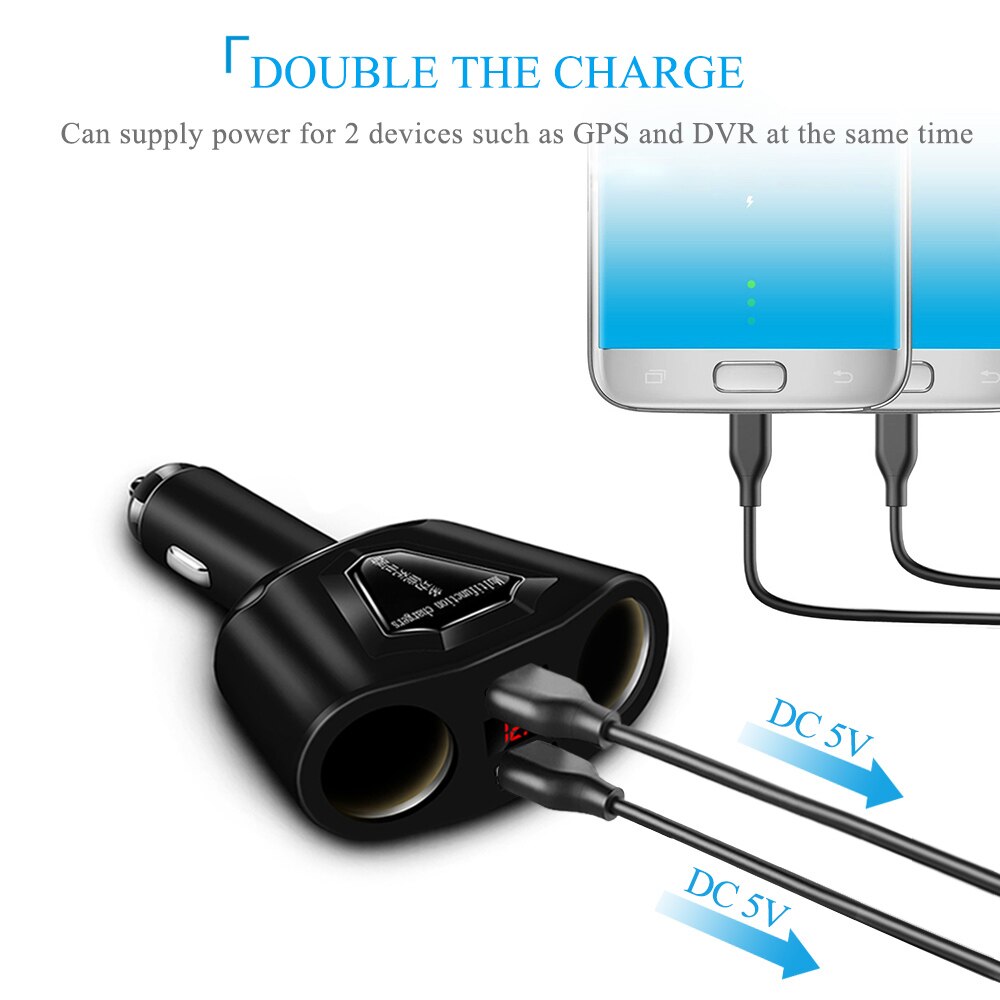 120W 2 Port Cigarette Lighter Sockets Power Adapter With 3.1A Dual USB Car Charger And Current Volmeter Display For Phone GPS