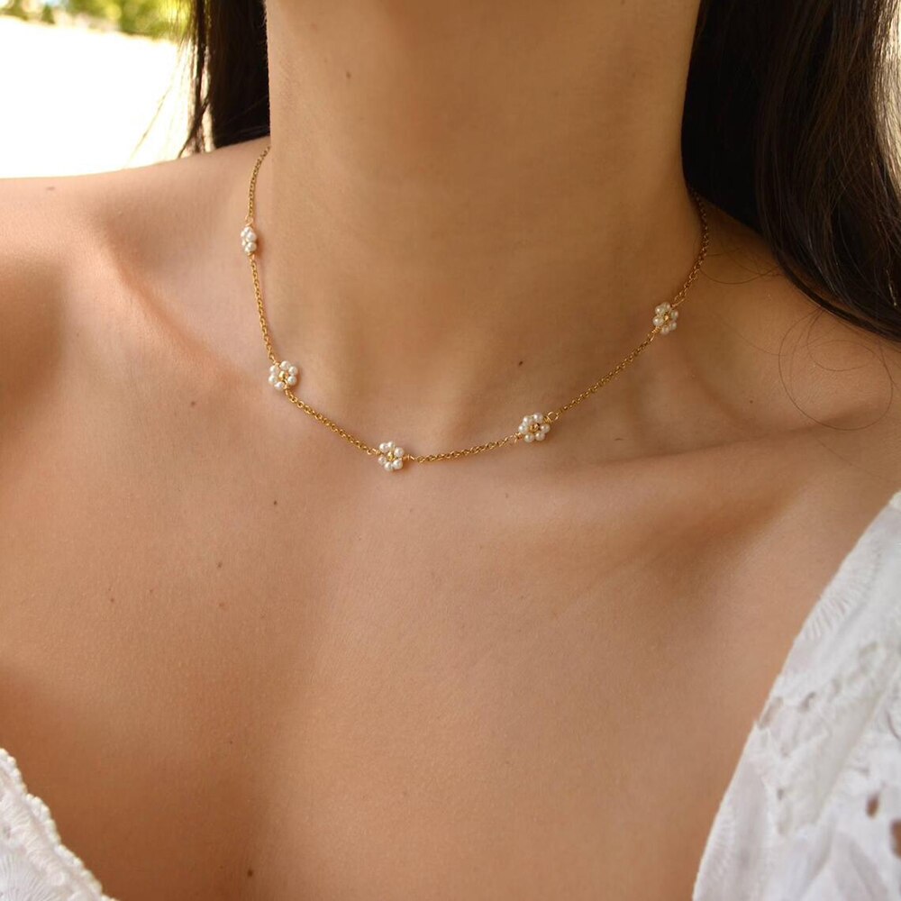 Handmade pearl daisy necklace for women, simulated pearl choker pendant necklaces, collar chain, vintage jewelry, bijoux: Pearl