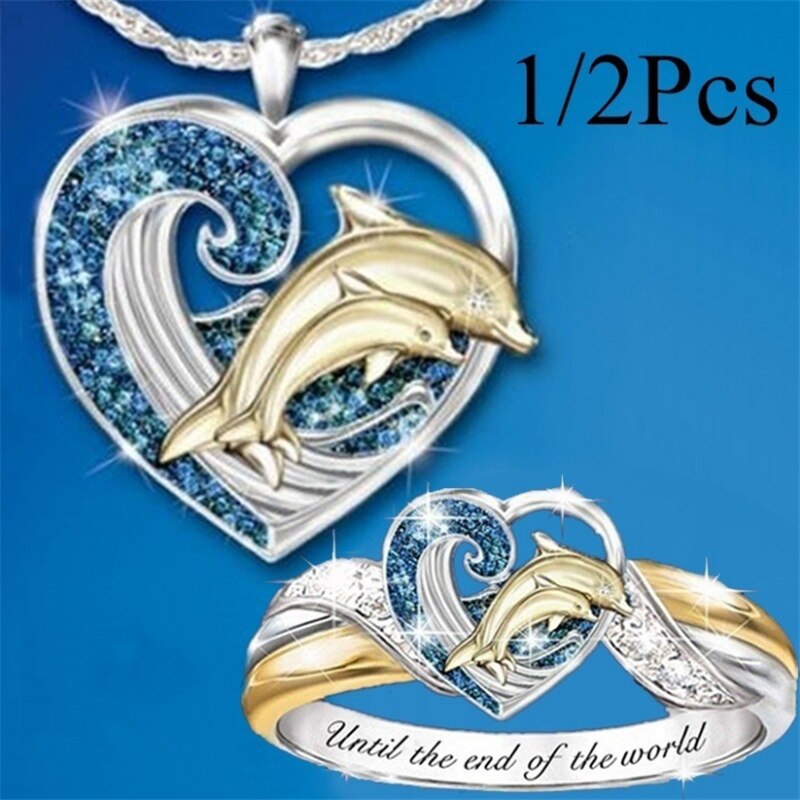 Joyería Popular del del Día de San Valentín de las mujeres de boda amor delfín Set anillo collar lindo al por mayor