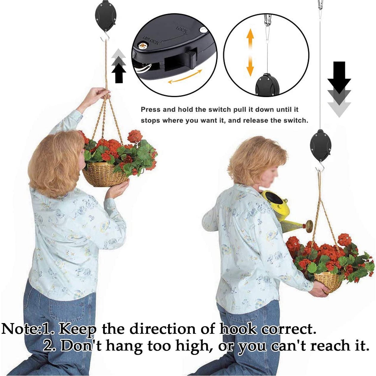 Retractable Plant Wire Pulley, Adjustable Plant Hanger Hook with Locking Mechanism for Hanging Plants, Garden Flower Baskets, Po