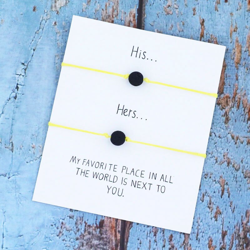 8mm zwarte lava wensarmbanden, bijpassende armbanden met zwart touw, vulkaansieraden voor hem en haar, vriendschapswenskaart: Geel