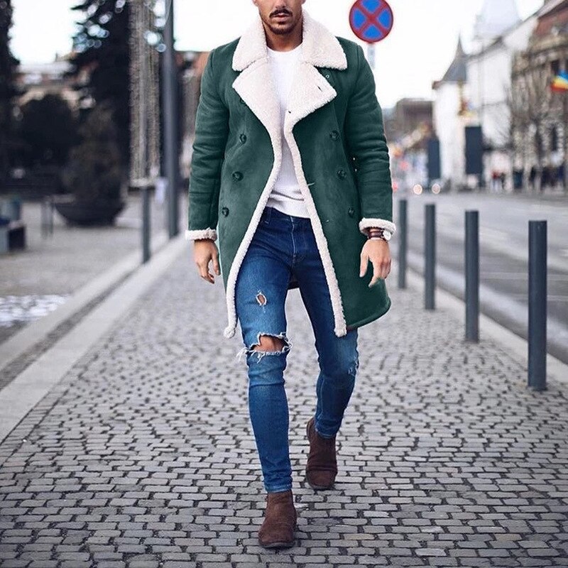 Herre vinter uld fleece lang overfrakke overtøj varm ruskind frakke mandlige mænd brun lang trench jakke m -3xl