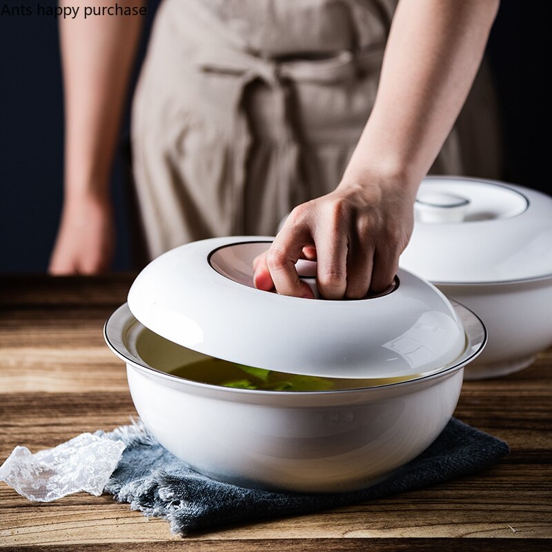 Grand bol à soupe avec couvercle en céramique blanche, assiette ronde, Pot à soupe, bol à nouilles, vaisselle décorative, bols de service